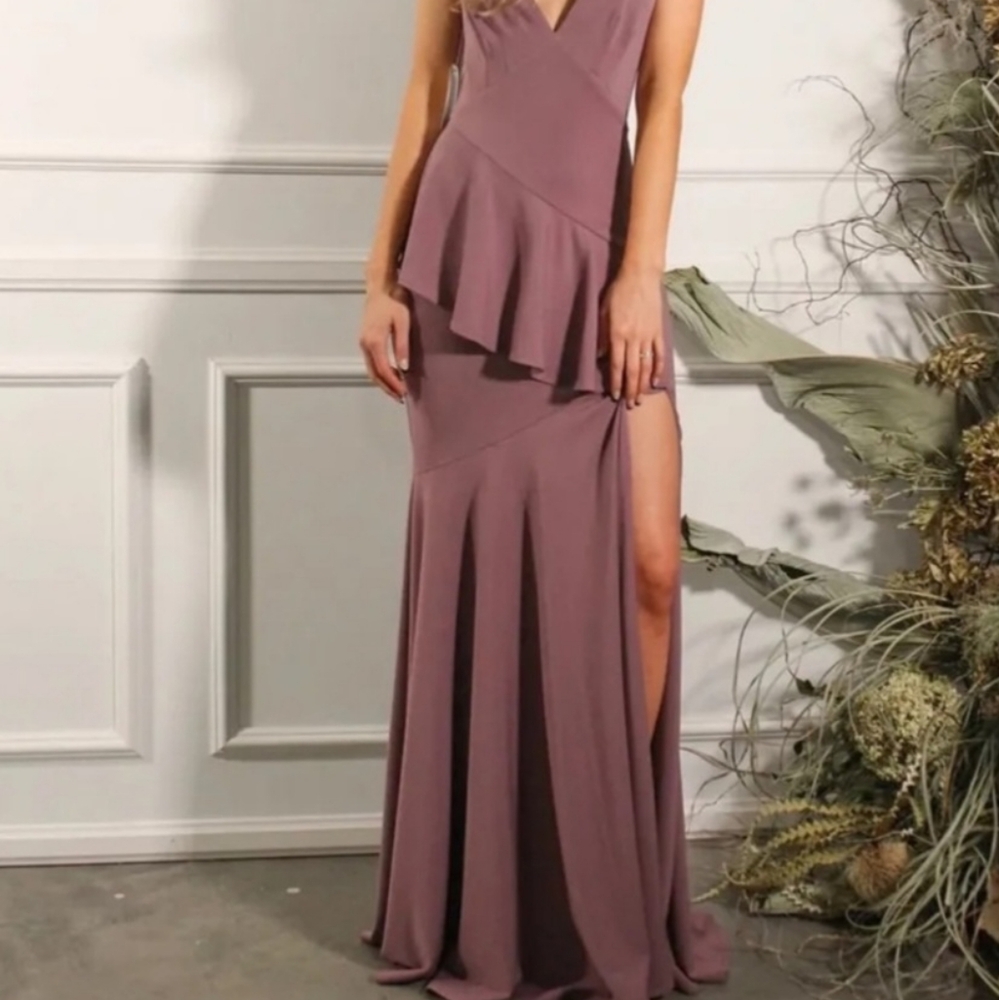 Katie May Dress Womens Small Purple Mauve Arriba Maxi V Neck Gown Ruffle Poly